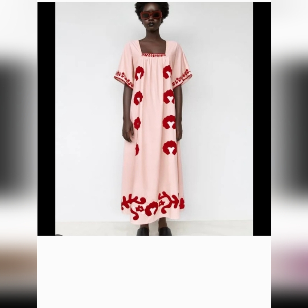 Zara Embroidered Pink Maxi dress